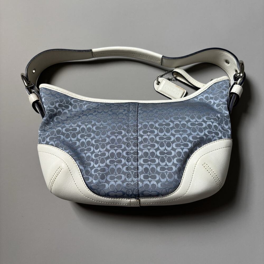 Coach Signature Baby Blue Jacquard Shoulder Bag, White Trim Mini Soho Hobo